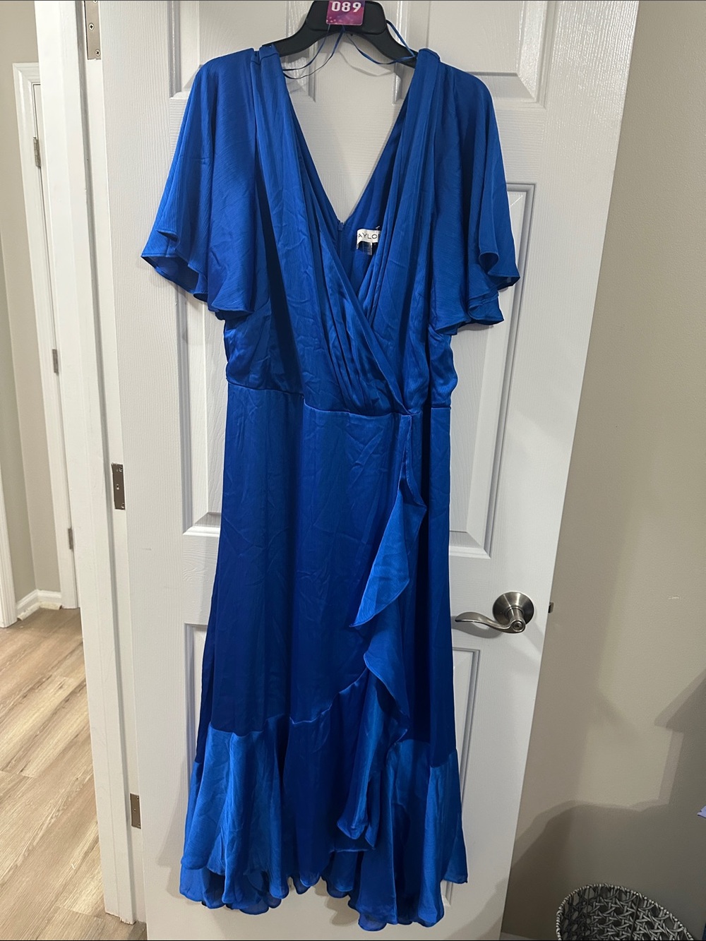 Taylor Cobalt Blue Wrap-Style Midi Dress with Ruffle Hem